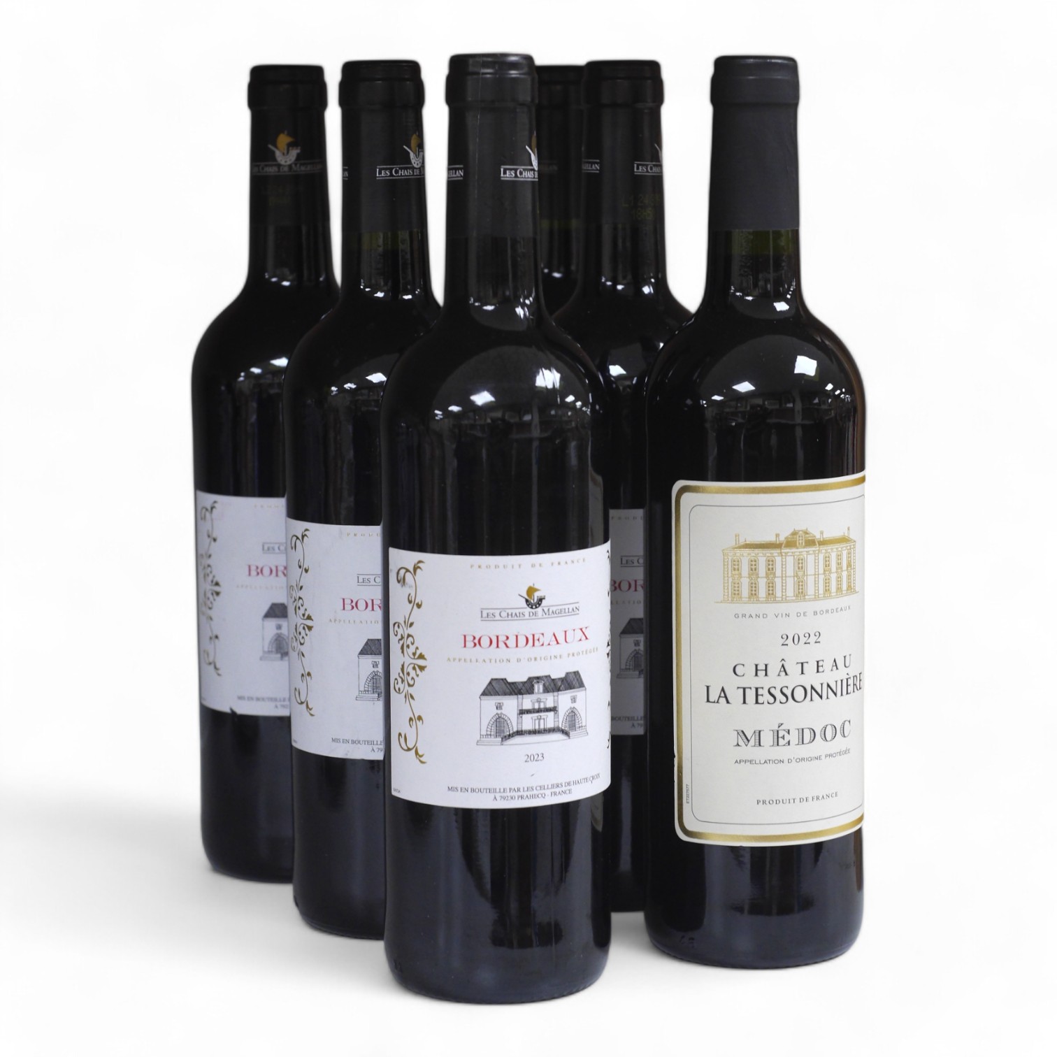 Six bottles of wine to include one bottle of Chateau La Tessonierre 2022 and five bottles of Les Chais De Magellan Bordeaux 2023. Condition - unknown storage, private collection